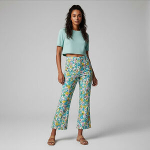 Zara High-Waisted Retro Floral Kick Flare Linen Pants Disco Cottagecore Sz 4